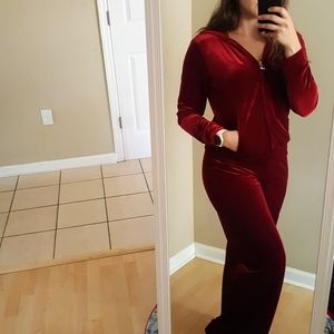 NY Jeans Small Deep Red Velour Velvet Track Suit